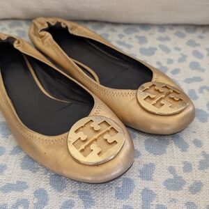 Tory Burch Gold Reva Leather Ballet Flats